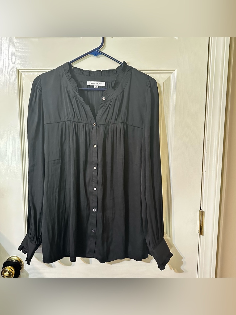Black Button-Front Peasant Blouse
